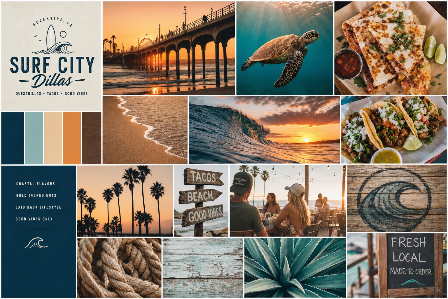 Surf City Dillas coastal brand moodboard